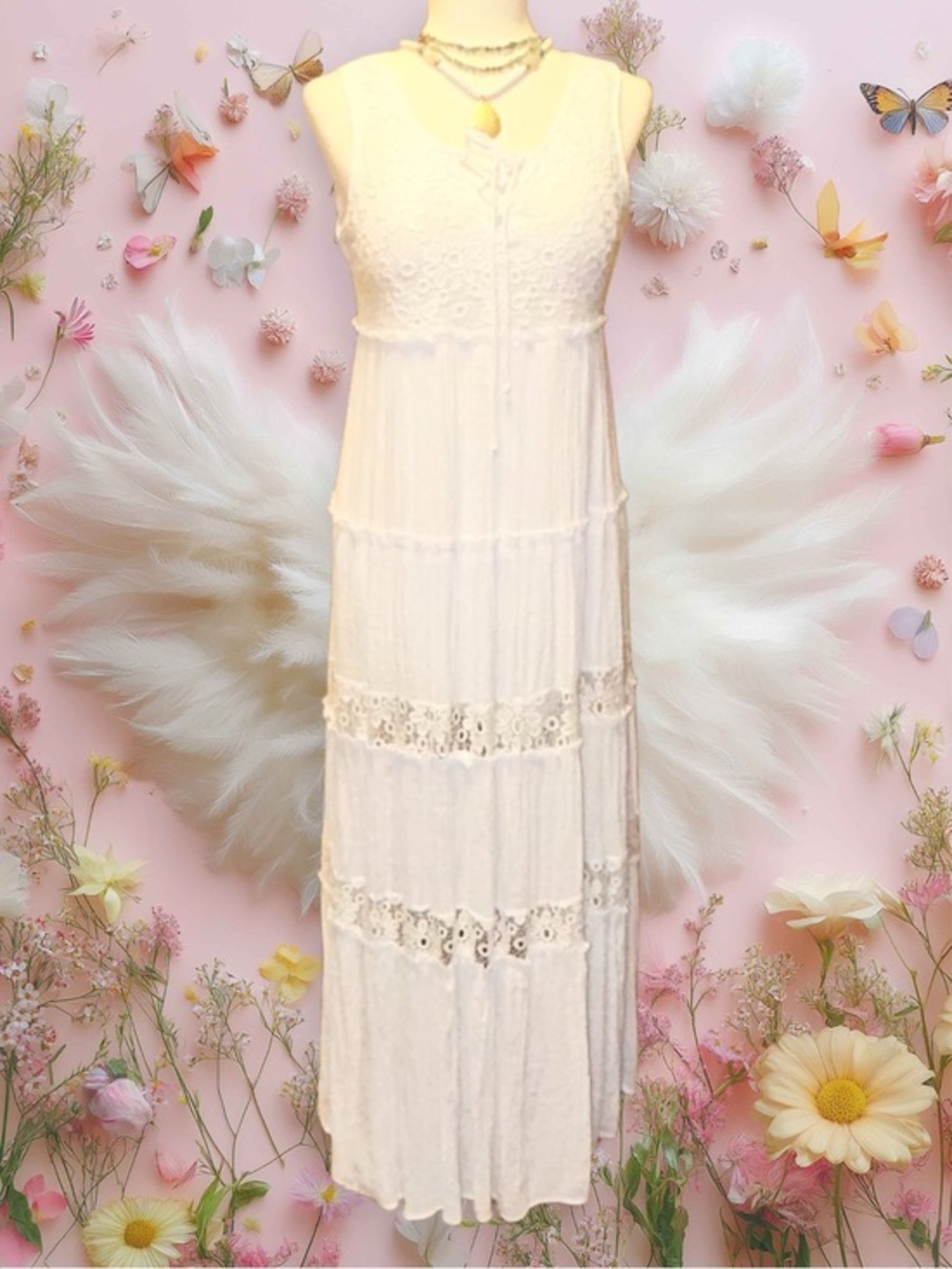 NY Collection White Lace Trim Maxi Dress